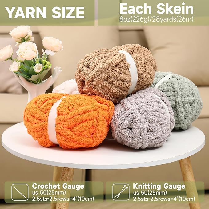8 Pack Sage Green Chunky Chenille Yarn for Hand Knitting, Chunky Chenille Yarn, Jumbo Big Thick Chunky Yarns for Crocheting, Super Bulky Chunky Knit Blanket Yarns (27.9 yds,7.97 oz Each Skein)