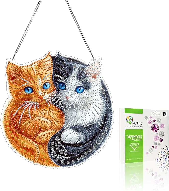 VAIIEYO Cat Diamond Art Hanging Ornament, Animal Diamond Painting Suncatchers Window Hanging Kit with Chain, 7.5x7.5 inch Crystal Pendant Art Craft for Gift Home Wall Front Door Decoration