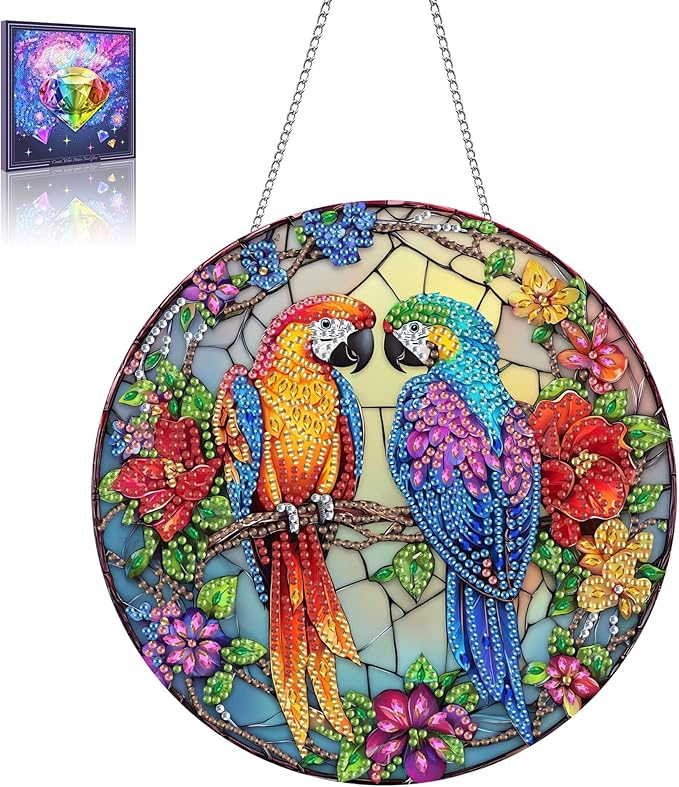 Wergund 5D DIY Parrot Diamond Art Hanging Kits, Hanging Diamond Art Bird, Acrylic Special Shaped Rhinestone, Window Hanging Pendants for Home Wall Garden Front Door Outdoor Decor Gift(Parrot)