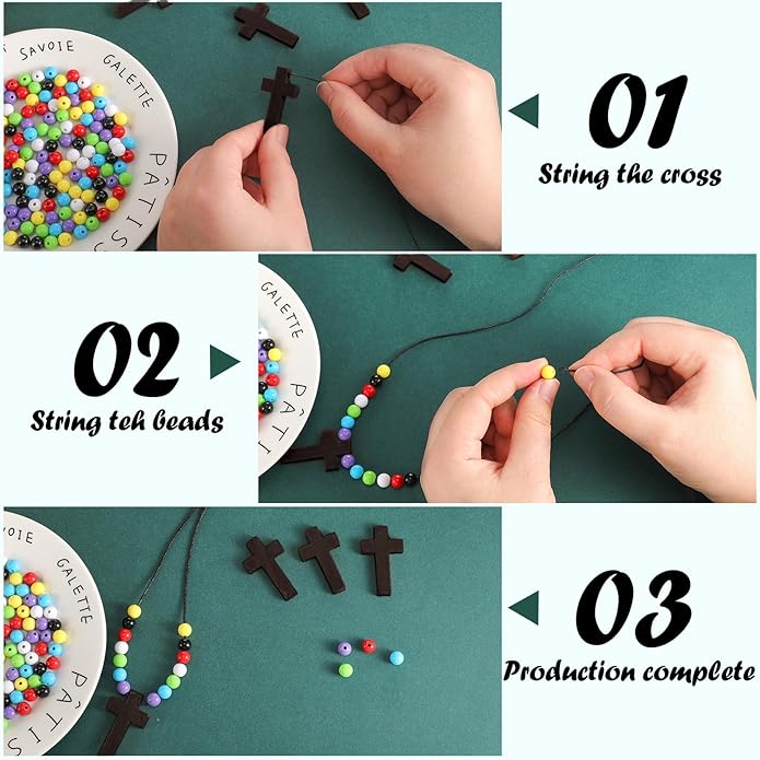 Kathfly DIY Wood Cross on Cord Pendant Necklace Sunday School Crafts for Kids Wood Cross Necklace with Colorful Beads Religious Party Favor for Vbs Church Easter Gifts