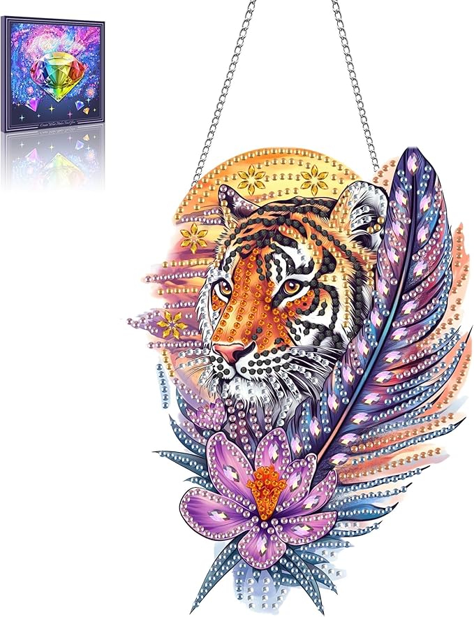 Wergund DIY Tiger Diamond Art Hanging Kits, Hanging Diamond Art Animal, Acrylic Special Shaped Rhinestone, Window Hanging Pendants for Home Wall Garden Front Door Outdoor Decor Gift(Tiger)