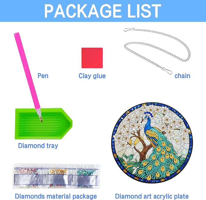 VAIIEYO Peacock Diamond Painting Hanging, Bird Animal Diamond Painting Suncatchers Window Hanging Kit with Chain, 7.5x7.5 inch Crystal Pendant Art Craft for Gift Home Wall Front Door Decoration