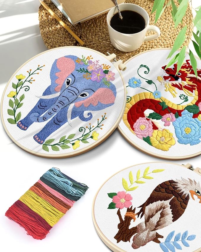 TINDTOP Embroidery Kit for Beginners Adult, Elephant Embroidery Kit for Beginners Include Embroidery Cloth Hoops Threads for Craft Lover Hand Stitch with Embroidery Skill Techniques