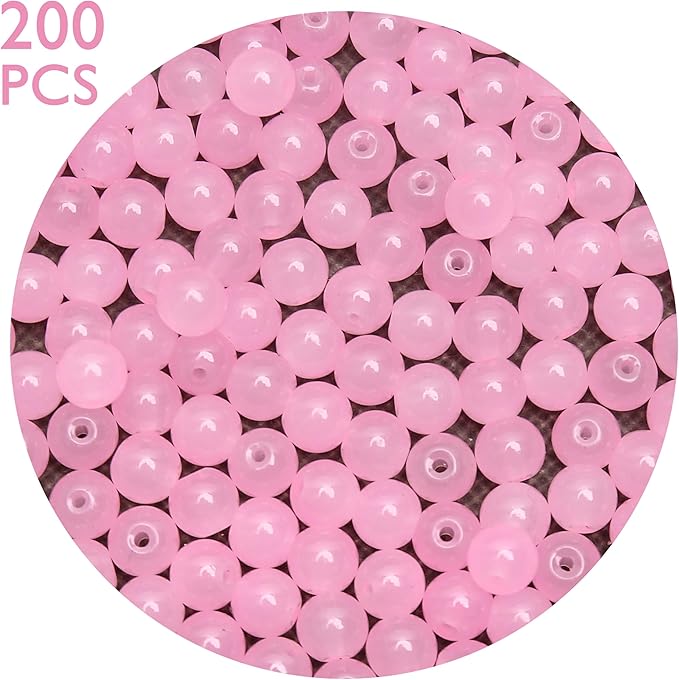 200PCs 8mm Light Pink Jade Glass Beads Bulk, Round Smooth Hole Glass Crystal Beads for Jewelry Making, DIY Bracelets, Necklaces, Bag Charms, Keychains and Craft Projects