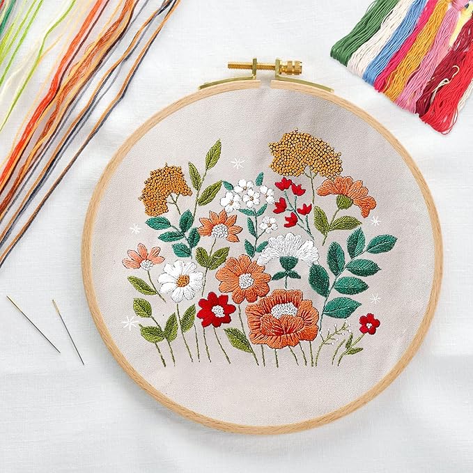 CREAWONDER Canvas Tote Bag Embroidery Kit with Pattern for Beginners, Arts and DIY Embroidery Crafts Kits for Adults, Include Instructions, Thimble, Embroidery Hoops, Color Threads and Tool