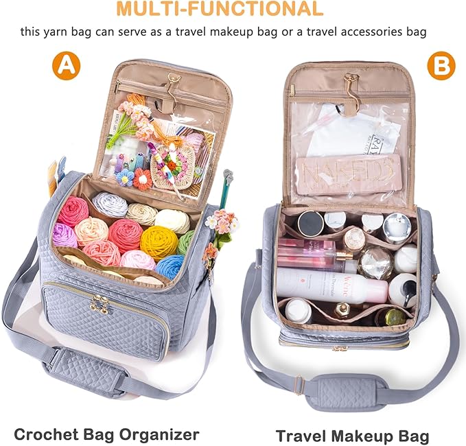 Crochet Bag Organizer, Quilted Storage Bag with Hanging Hook, Yarn Holder for Knitting & Crochet Accessories, Mother's Day Gift