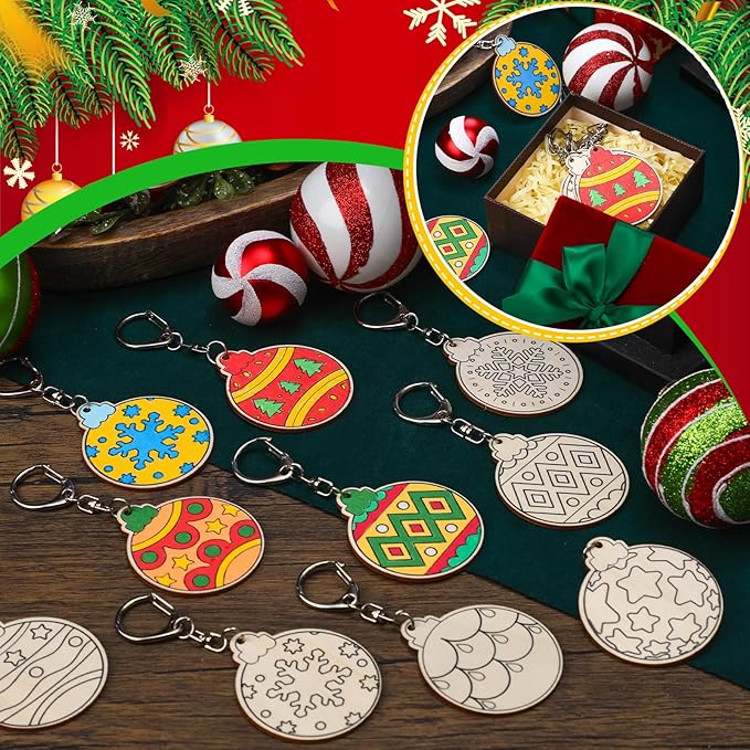 Trnayi 36 Pcs Christmas Ball Crafts Wooden Color Your Own Keychains Unfinished Slices Keychain for Christmas Painting DIY Arts Crafts Holiday Project