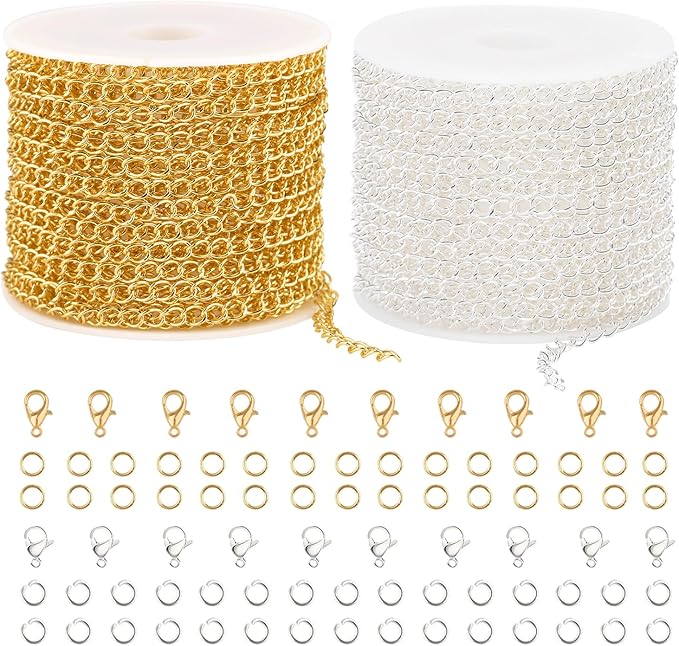 Crisjanggo 2 Rolls Total 65.6 Feet Gold and Silver Chain for Jewelry Making Stainless Steel Curb Chains Roll Bulk with Lobster Clasps and Jump Rings