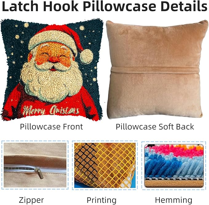DIY Latch Hook Pillow Kits for Adults Merry Christmas Santa Claus Printed Pillowcase Crochet Yarns Hooking Handmade Pillow Cover Cushion for Home Sofa Decoration 17x17inch(3)