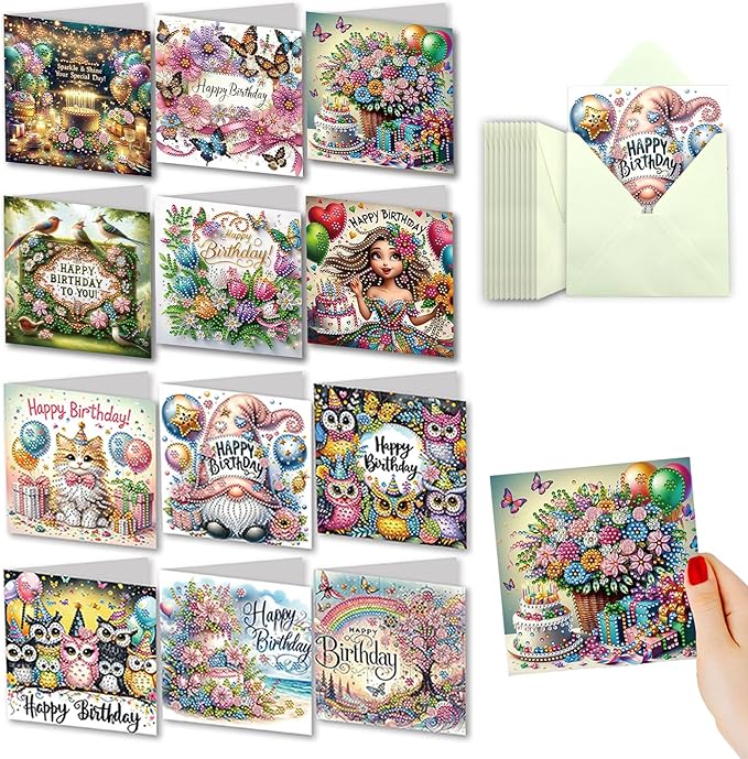 YOKUSHI 12 PCS Diamond Art Painting Birthday Greeting Cards, Fete Day Craft DIY Card Making Kits for Adults Gifts (Happy Birthday)