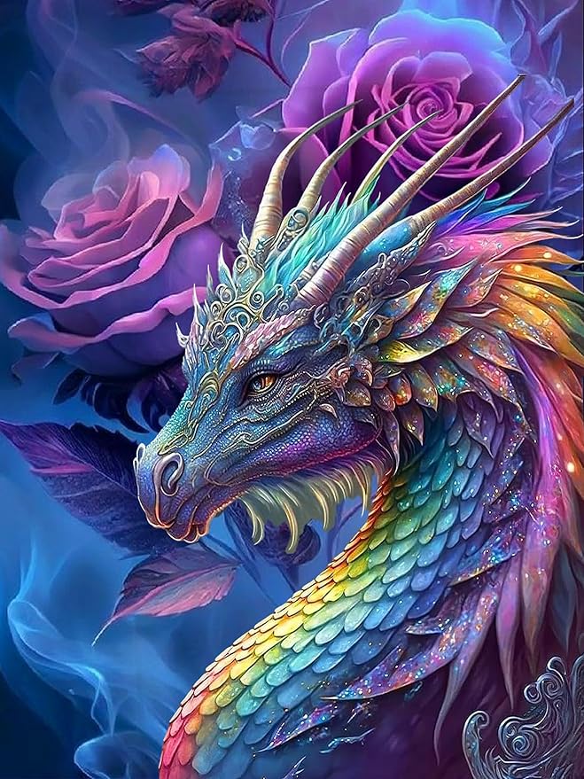 Meothan 5D Diamond Painting Kits for Adults Rose Dragon Diamond Art Kits for Adults Full Drill Coloured Diamond Painting Dragon Kit for Beginners, DIY Gem Art Crafts for Home Wall Decor 12x16in