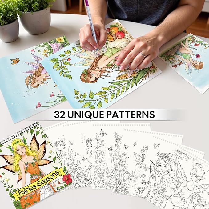 Fairy Coloring Book for Adults Relaxation – Featuring Fairies of Seasons and Magical Scenes Through the Four Seasons, Spiral Bound Adult Coloring Book for Stress Relief & Mindfulness Gift for Women