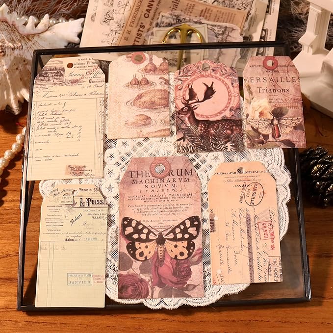 CATaireen Vintage Junk-Journal Mixed Paper Scrapbooking Embellishments Set Retro Journaling Decoupage Stickers Textured Packaging Decorative Cards Tags Kit (Old Photos 1)