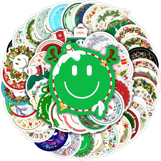 wercokt 50pcs smiling christmas stickers, cute water bottle stickers for kids, for teaching rewards, notebooks, stationery, luggage, cartoon pvc happy stickers