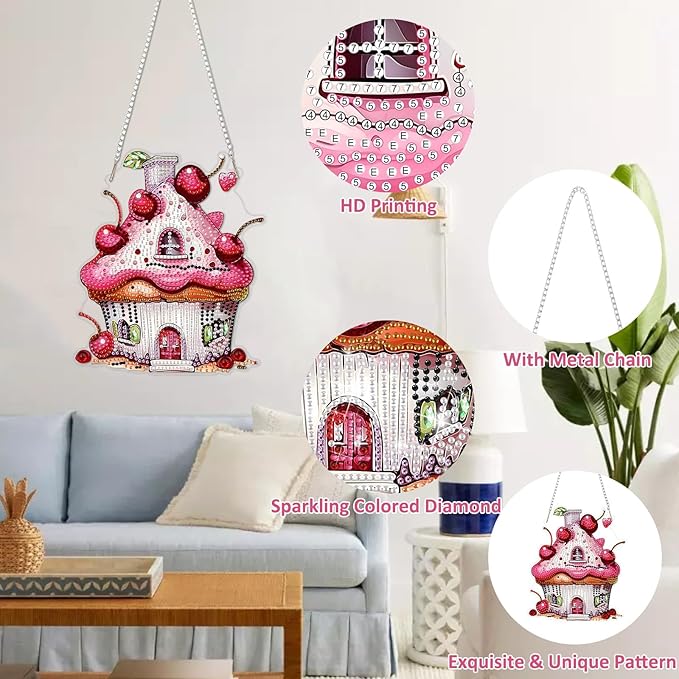 DOMROM Cake Diamond Art Hanging Kits for Adults, Special Shaped Crystal Diamond Painting Cake Pendant, DIY Diamond Art Suncatchers for Home Garden Wall Decor Gift