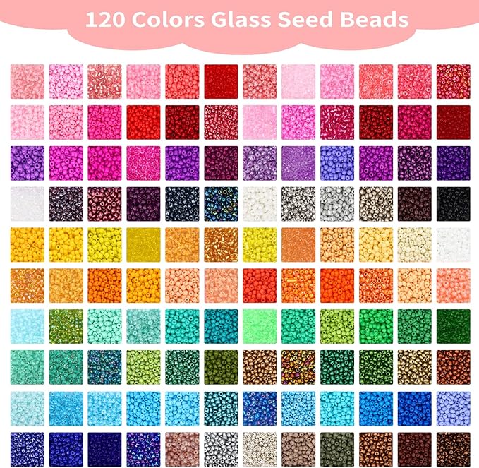 QUEFE 36000pcs 3mm Glass Seed Beads120 Colors Bracelet Making Kit Friendship Bracelet Kit with Letter Beads Accessories Charms and Pendants Kit for Necklaces Making, DIY, Gift, Craft