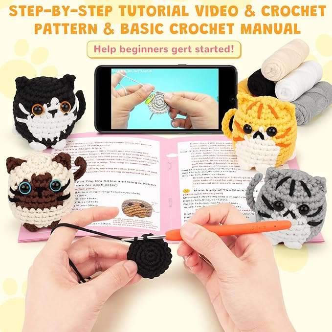 Crochet Kit for Beginners, 4-Pack Adorable Cat Crochet Kits, Beginner Crochet Kit for Adults Kid, Crochet Animal Kit for Starter w/ Step-by-Step Video Tutorials, Crochet Gifts for Cat Lovers