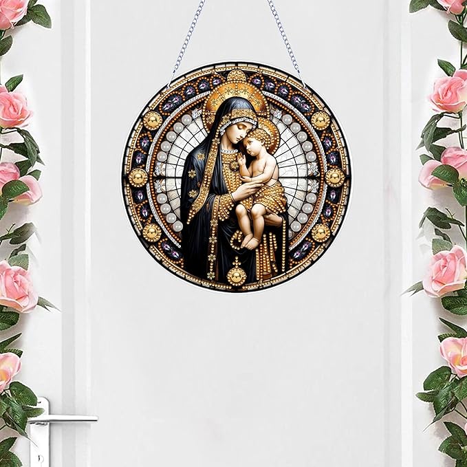 VODAPYC Religious Diamond Art Acrylic Hanging Kits for Adults, DIY Double Sided Special Shaped Christian Diamonds Painting Windows Pendant Ornament for Home Decor(Virgin Mary)