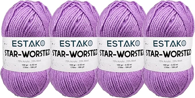 Estako Star-Worsted Yarn - (4 Skeins Pack) - 75% Acrylic 25% Wool - Soft Medium Weight #4 - (4 x 3.52 oz / 4 x 186 yds) - Crochet & Knitting Yarn (46076 - Lilac)