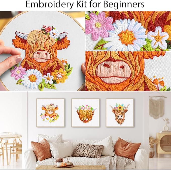Louise Maelys 3 Sets Highland Cow Embroidery Kits for Beginners,Cross Stitch Kit for Adults,Starters DIY Needlepoint Including Embroidery Hoop Cloth Needles Instruction and Threads