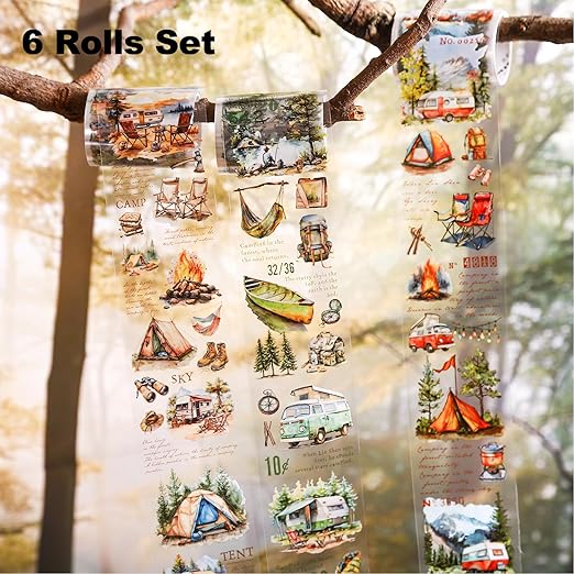Forest Camping Theme PET Tape Set, 6 Rolls of Nature Adventure Stickers for Scrapbooking, Junk Journaling, DIY Crafts, and Art Supplies