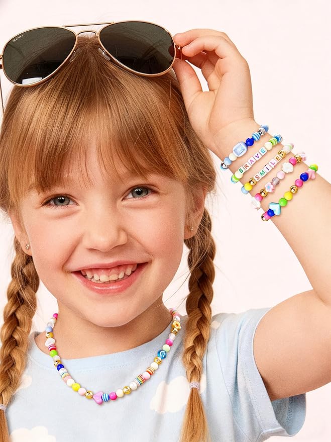 minimissmianyc 594pcs bead bracelet making kit for kids,colorful pony beads pearl shell flower evil eyes star carft friendship bracelet necklace jewelry making supplies kit gifts for boys girls women