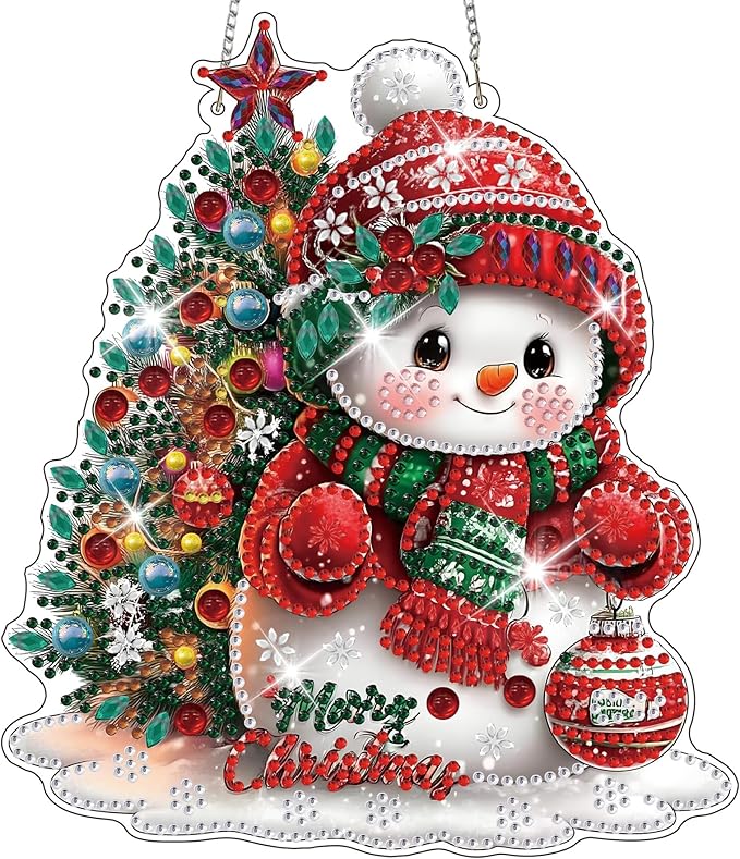 HEIBAGO Snowman Diamond Art Hanging Kits for Adults Kids, 5D Special Shaped Crystal Diamond Painting Kit, DIY Pattern Window Pendant Gem Art Kit for Home Wall Decor 8.3 x 8.3 Inch