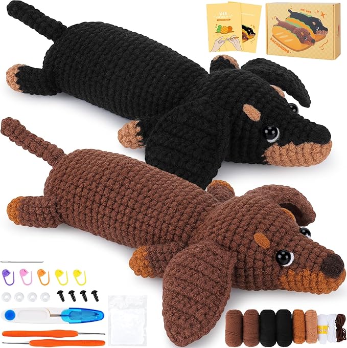 crochet kit for beginners - 2 pcs dachshund crochet kits with step-by-step video tutorials, beginner crochet kit for adults, crochet animal kit, dog craft knitting kit crochet gifts valentine's day