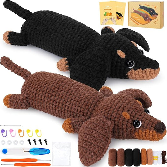 crochet kit for beginners - 2 pcs dachshund crochet kits with step-by-step video tutorials, beginner crochet kit for adults, crochet animal kit, dog craft knitting kit crochet gifts valentine's day