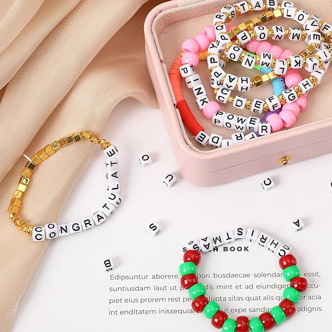 Augshy 1400pcs Square Acrylic Alphabet Beads Bracelet A-Z Cube Letters Beads for Bracelets Necklaces Phone Lanyard Making with 1 Roll 10M Crystal String Cord for Jewelry Making(6mm)