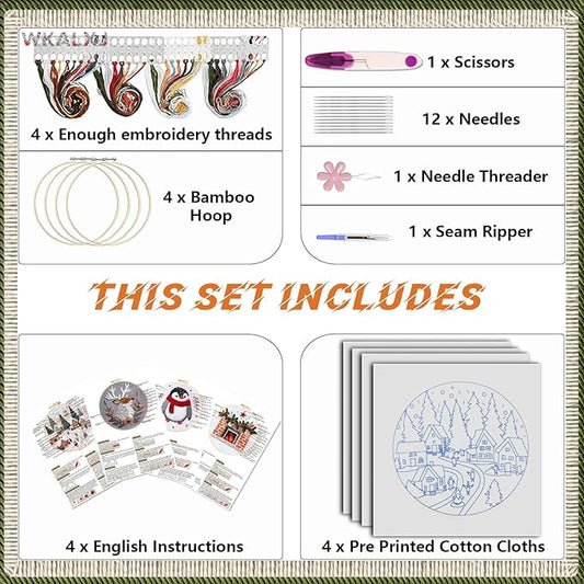 wkalxj 4 sets embroidery kits for beginners adults, cross stitch kits, needlepoint kits with instruction, video, needle point kits with resort penguin fireplace elk patterns (4 sets d)