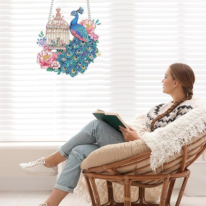 Bimkole Peacock Diamond Art Hanging Kit for Adult, DIY 5D Flowers Diamond Art Painting Window Pendant, Acrylic Crystal Art Hanging Ornament for Wall Home Garden Front Door Decor - 7.8x7.8 Inch