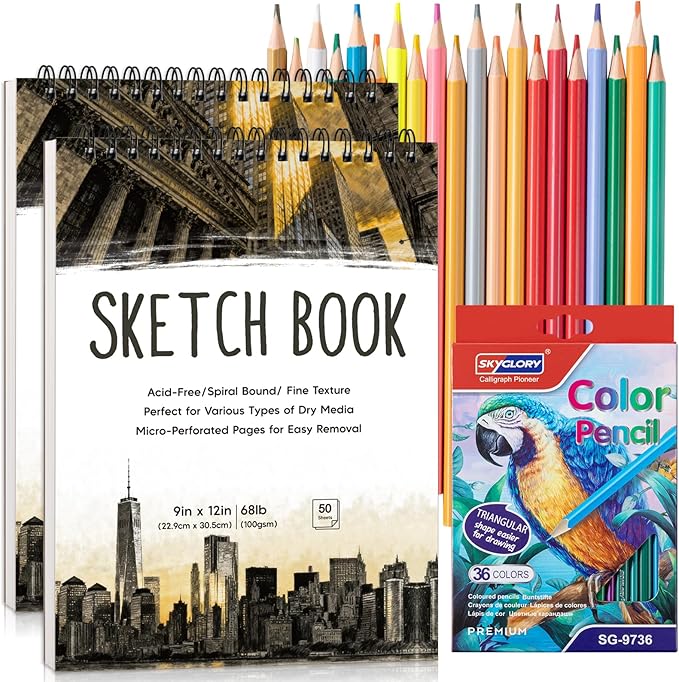 2 Pack Sketch Book with 36 Color Pencil Set, Spiral Sketchbook for Drawing (68lb/100gsm), Acid-Free Sketch Pad for Artist(9×12 inch), Art Paper Drawing Supplies for Gifts (City Style)
