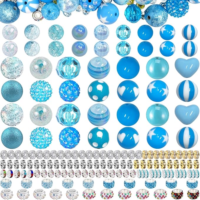 163 Pcs Pen Beads for Beadable Pens: Bubblegum Beads for Pen Making Bulk with Spacer Bead Rhinestone Bead (Blue)