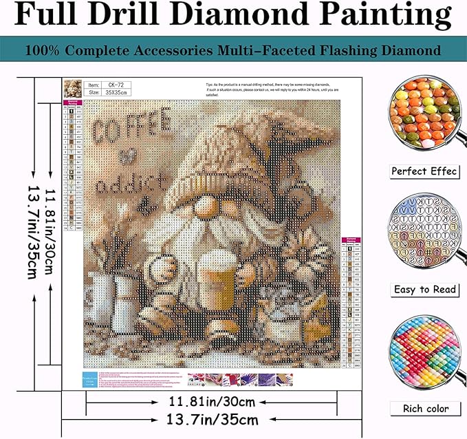 CZYWJMEI 5D Diamond Painting Kits for Adults Beginners,DIY Gnome 5D Coffee Diamond Art,Full Round Drill Diamond Dot Gem Art Kits,Home Wall Decor 13.7x13.7 Inch