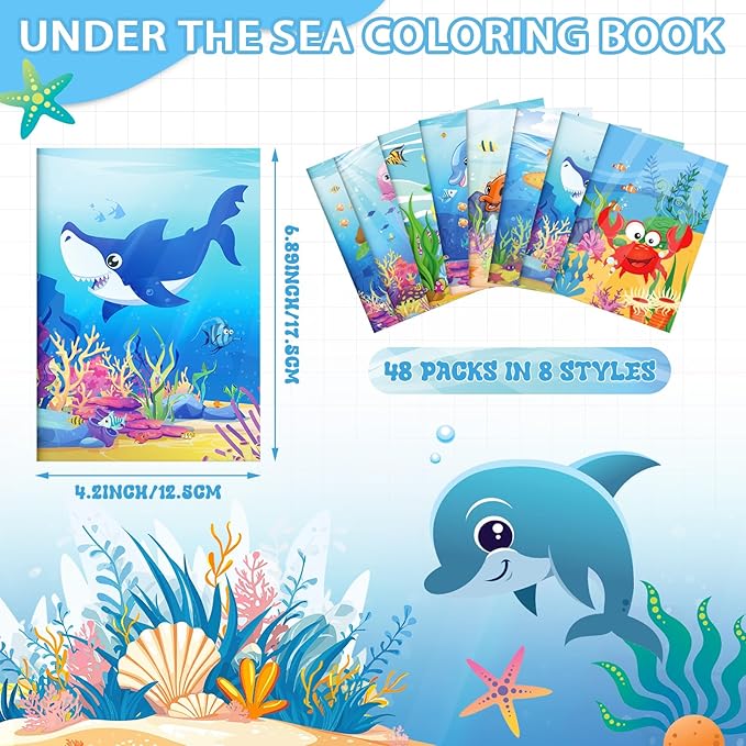 Fulmoon 48 Pcs Mini Ocean Coloring Books Bulk Cute Summer Animals DIY Art Drawing Books Bulk Summer Birthday Party Supplies Activity Gifts