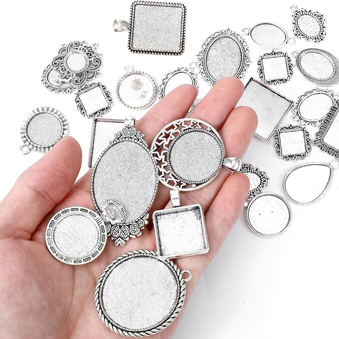 Apojgitn 100G Random Metal Tray: Assorted Bezel Necklace Blank Charms, Pendant Bezels for Resin Jewelry Making with Glass Cabochons, Bails, Ring Blanks, Jewelry Bails & Findings(Blind Box)
