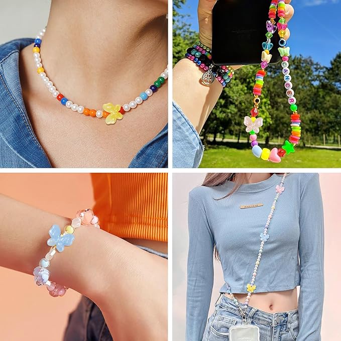 FASHEWELRY 80pcs Acrylic Butterfly & Pony Beads - Assorted Cute Kawaii Animals, Glitter, Colorful Kandi Bracelet & Necklace Beads for Jewelry Making