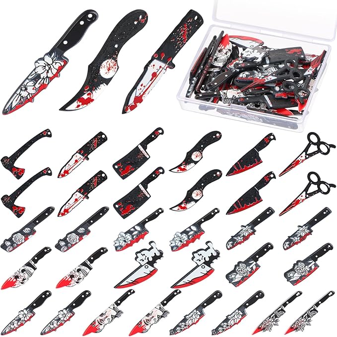 32 Pcs Fake Knife Charms, Halloween Charms Pendant Mini Resin Knives Bead for Women DIY Jewelry Making Crafting Halloween Fake Knives Flower Charms with Box, 16 Styles