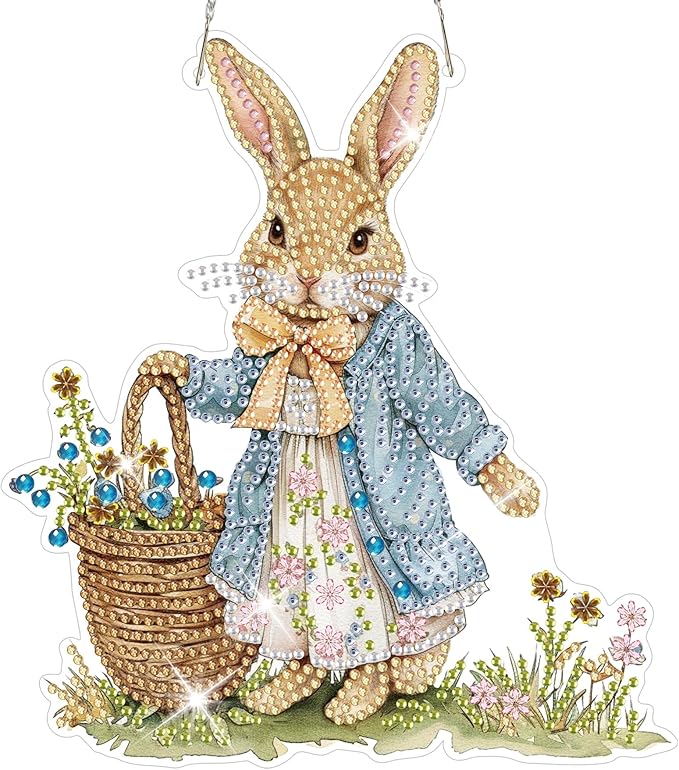 HEIBAGO Easter Bunny Diamond Art Hanging Kits for Adults, Diamond Art Suncatchers Rabbit, 5D Special Shape Diamond Painting Pendant, DIY Window Ornament Gifts for Home Garden Door Wall Decor 8.3x8.3In