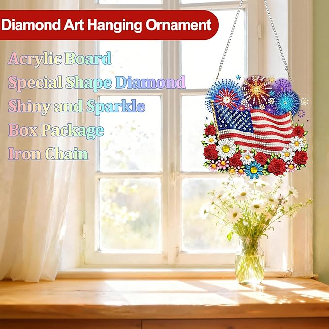 CEOVR American Flag Hanging Diamond Art for Adults, Independence Day Diamond Painting Pendant DIY Gem Art Wall Ornament, Acrylic Home Garden Decor with Chain, Box Kit 7.87×7.67 inch