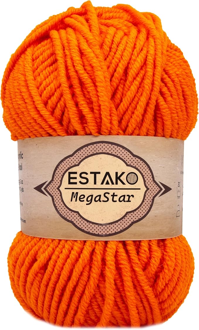 Estako Megastar, 75% Acrylic 25% Wool Yarn, Soft, Chunky Bulky Weight #5 for Crochet and Knitting 3.52 Oz (100g) / 120 Yrds (110m) (62192 - Orange)