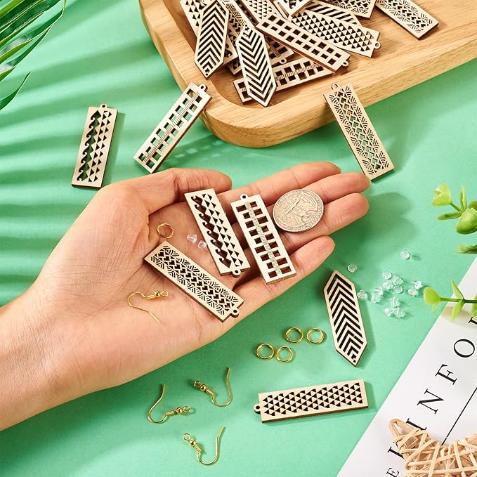 Elecrelive 30pcs Rectangle Wooden Earring Charms Unfinished Wood Filigree Charms & Earring Hooks Jump Rings Ear Nuts for DIY Earring Necklace Jewelry Making