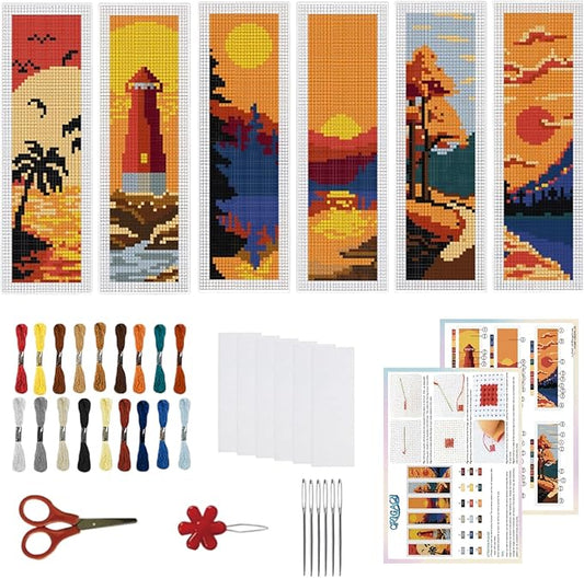 ORIGACH 6 Pcs Cross Stitch Bookmark Kit for Beginner Adults, Sunset Landscapes Stamped Embroidery Bookmark Kit with Instruction for Starters Printed Cross Stitch DIY Kits for Book Lovers