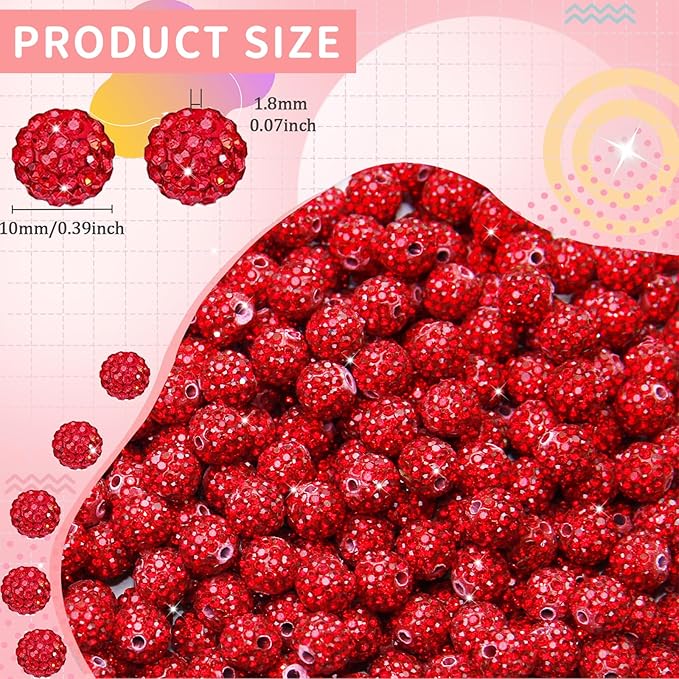 150 Pcs 10mm Rhinestone Beads for Jewelry Making, Red Shiny Round Shamballa Disco Baseball Necklace Beads Sparkle Crystal Clay Pave Rhinestones Bead for DIY Bracelet Earring Craft Making Supplies