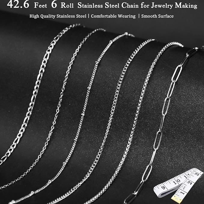 Necklace Chain for Jewelry Making, 42.6 Feet 6 Roll Stainless Steel Silver Jewelry Link Chains for DIY Necklace Bracelets Keychain Craft Jewelry Making Supplies with Jump Rings Lobster Clasp Connector
