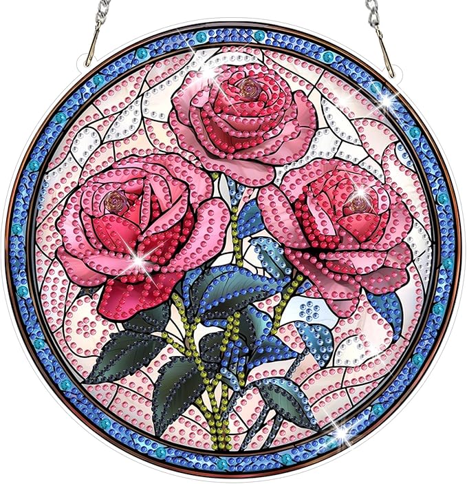 NAIMOER Diamond Art Hanging Kits for Adults Rose 5D Special Shaped Rhinestone, DIY Acrylic Diamond Art Painting Window Pendants Home Garden Wall Hanging Ornament Kits, Double Sided