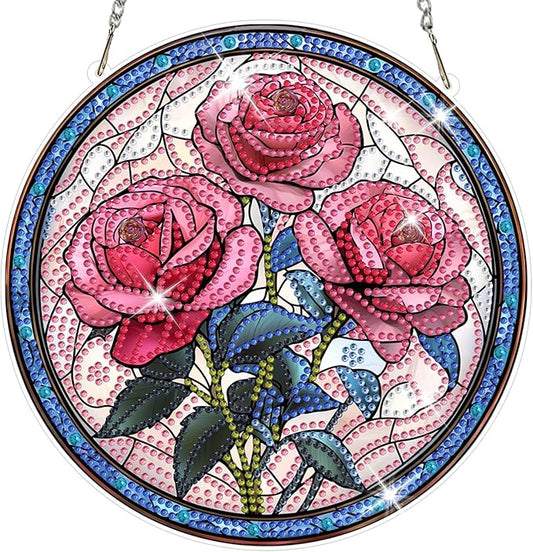 NAIMOER Diamond Art Hanging Kits for Adults Rose 5D Special Shaped Rhinestone, DIY Acrylic Diamond Art Painting Window Pendants Home Garden Wall Hanging Ornament Kits, Double Sided