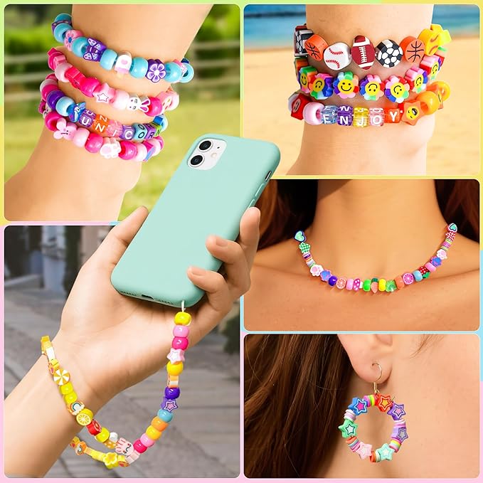 Gionlion 1200 Pcs Polymer Clay Beads Bracelet Making Kit Easter Basket Stuffers, 25 Style Animal Fruit Flower Butterfly Bunny Pony Letter Beads Charms for Jewelry Making, DIY Art and Crafts Toys Gifts