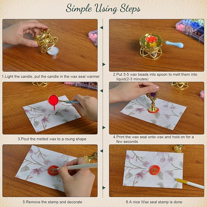 Numola Wax Seal Kit with Gift Box, 24 Colors 600 Pcs Cat-paw Beads, 10 Stamps with Storage Box, 2 Retro Handle, Metal Warmer, Vintage Envelopes, Metallic Pen, Candles, for Gifts and Decorating